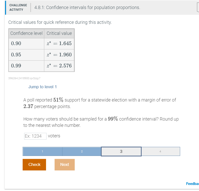 Solved CHALLENGE ACTIVITY 4.8.1: Confidence intervals for | Chegg.com