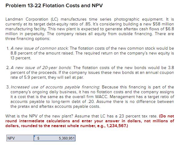 Solved Problem 13-22 ﻿Flotation Costs and NPVLandman | Chegg.com