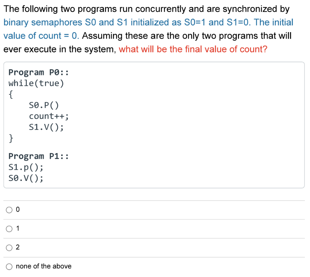 Solved The following two programs run concurrently and are | Chegg.com