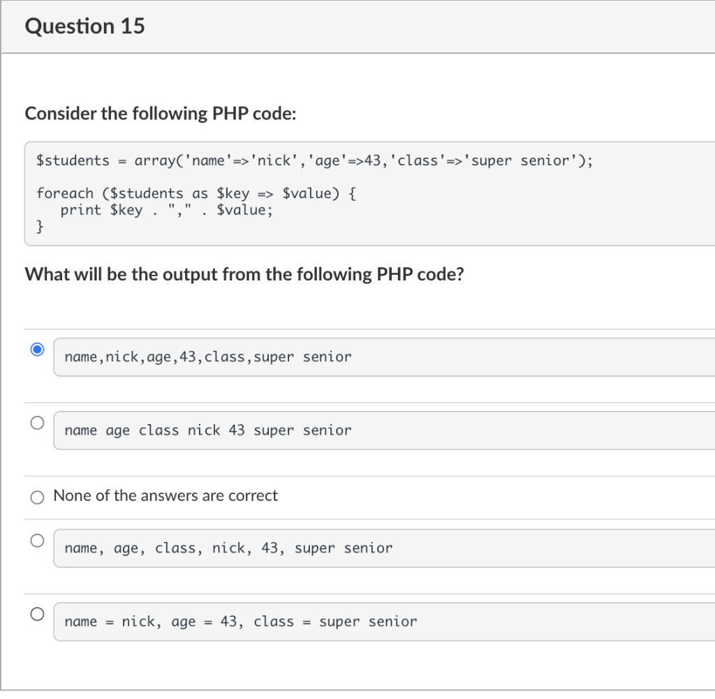 Solved Question 15 Consider the following PHP code: | Chegg.com image.