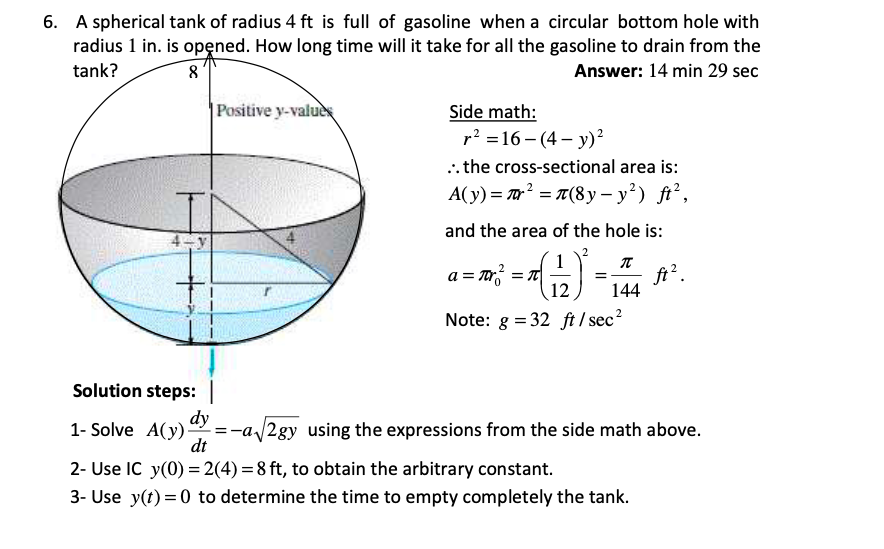 Solved 6. A spherical tank of radius 4 ft is full of | Chegg.com