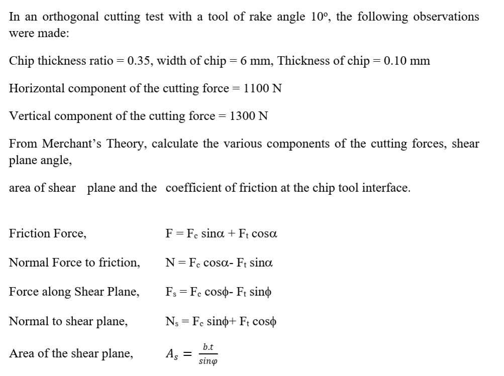 Solved In an orthogonal cutting test with a tool of rake