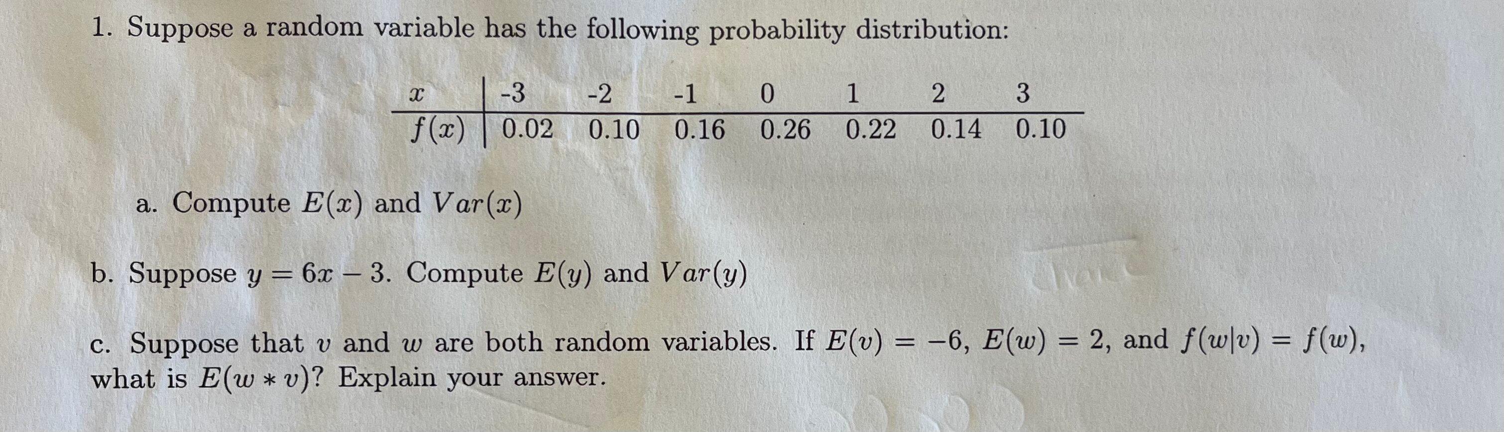 Solved 1. Suppose a random variable has the following | Chegg.com