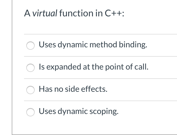 Solved A virtual function in C++: O Uses dynamic method | Chegg.com