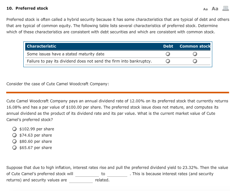 Solved 10. Preferred stock Aa Aa Preferred stock is often