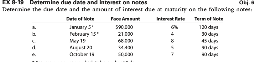 Solved EX 8-19 Determine due date and interest on notes | Chegg.com