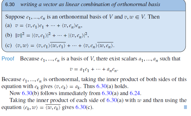 6.30 writing a vector as linear combination of orthonormal basis
Suppose \( e_{1}, \ldots, e_{n} \) is an orthonormal basis o