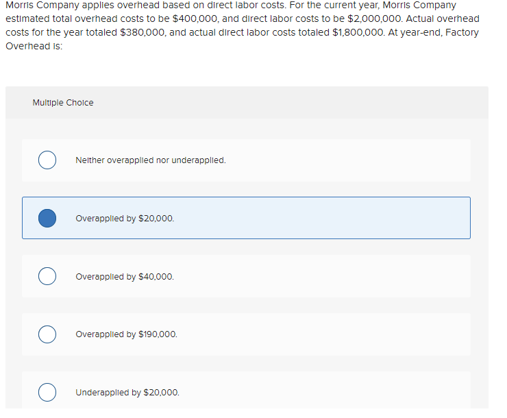 Solved Morrls Company applies overhead based on direct labor