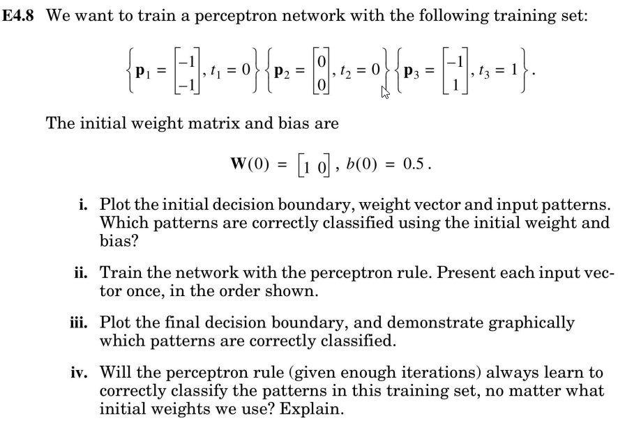 Solved E4.8 We want to train a perceptron network with the | Chegg.com
