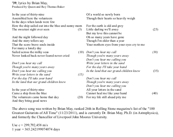 39, lyrics by Brian May, Produced by Queen and Roy