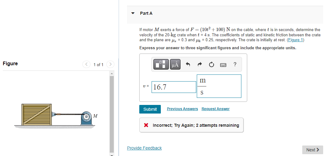 If motor \( M \) exerts a force of \( F=\left(10 t^{2}+100\right) \mathrm{N} \) on the cable, where \( t \) is in seconds, de