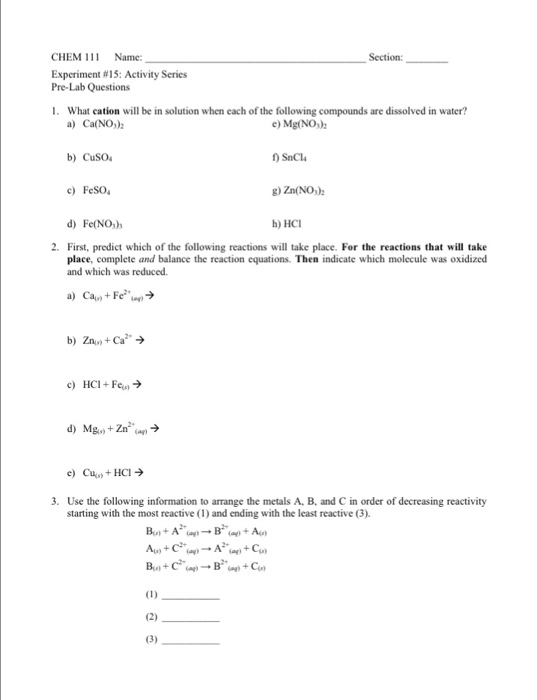 Solved Section: CHEM 111 Name: Experiment #15: Activity | Chegg.com