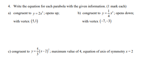 Solved 4 Write The Equation For Each Parabola With The Chegg Com