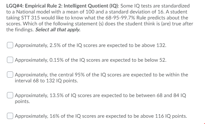 Solved LGQ#4: Empirical Rule 2: Intelligent Quotient (IQ): | Chegg.com