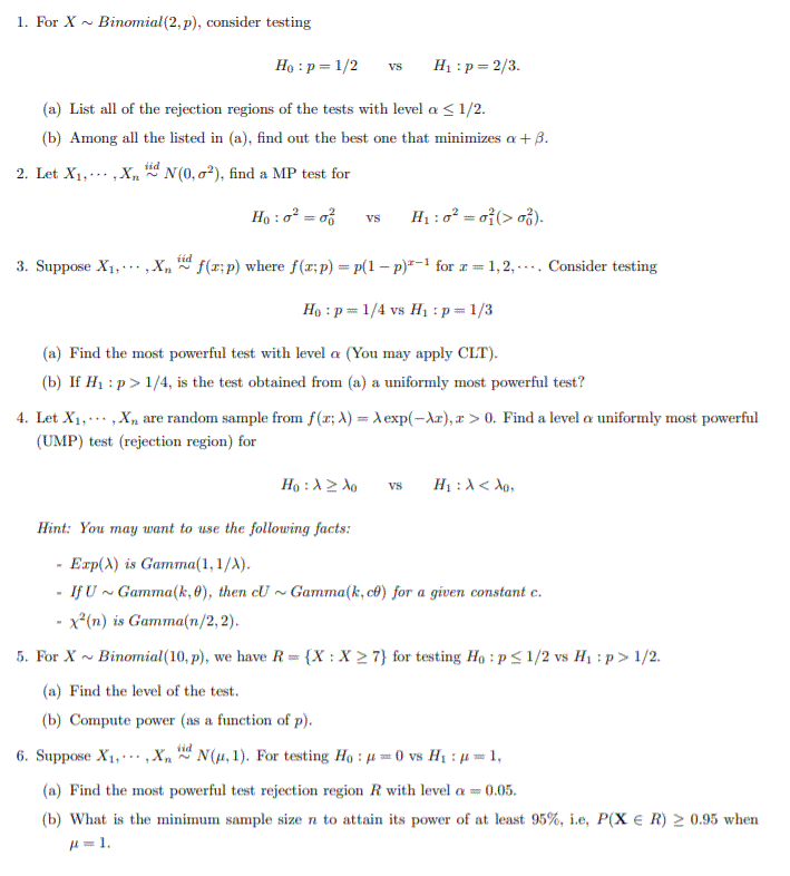 Solved 1 For X Binomial 2 P Consider Testing Ho P 1 Chegg Com