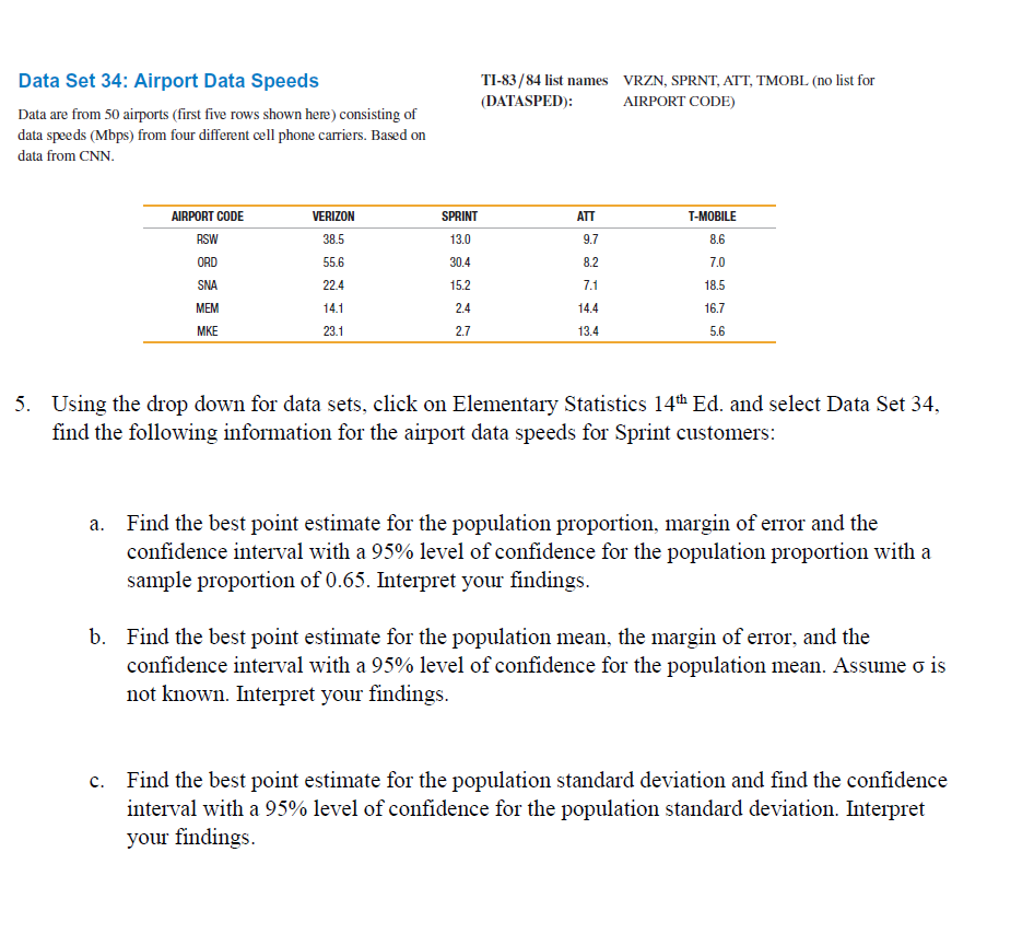 Data Set 34: Airport Data Speeds TI-83/84 list names | Chegg.com