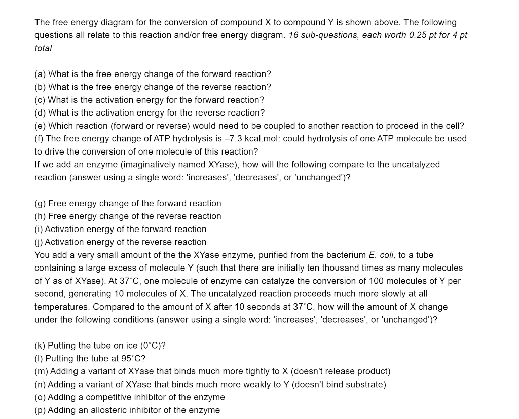 The free energy diagram for the conversion of compound \( X \) to compound \( Y \) is shown above. The following questions al