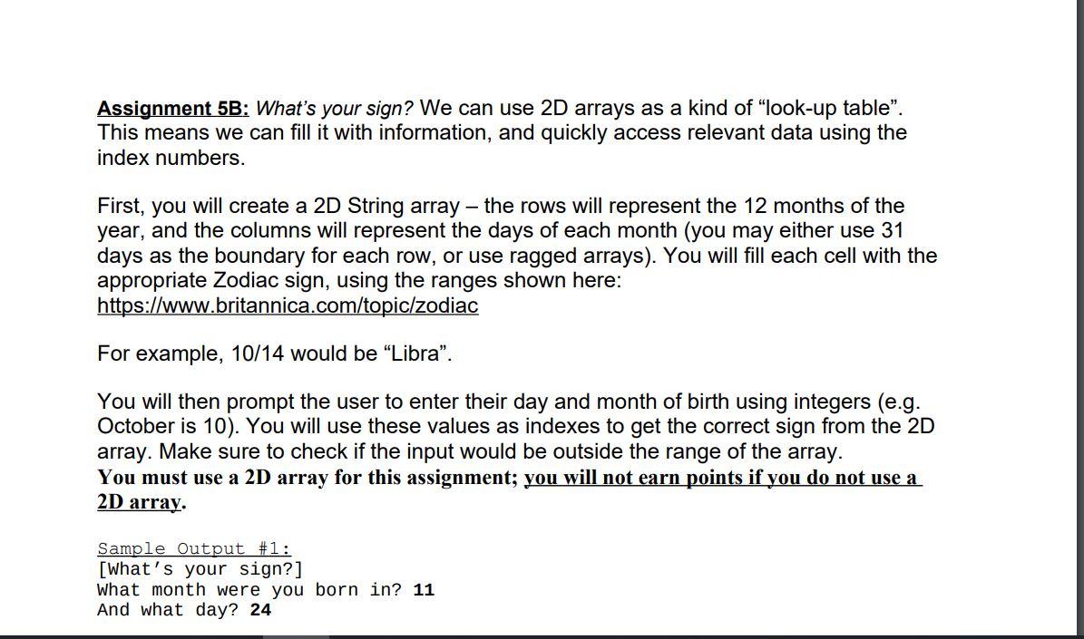 Solved Assignment 5B: What's your sign? We can use 2D arrays | Chegg.com