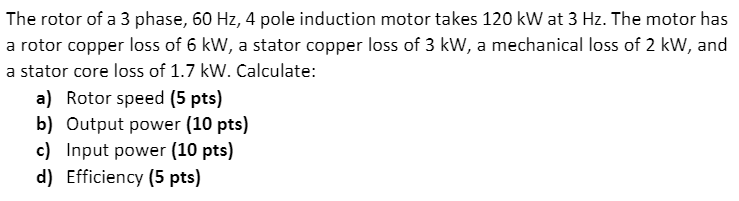 Solved The rotor of a 3 phase, 60 Hz, 4 pole induction motor | Chegg.com