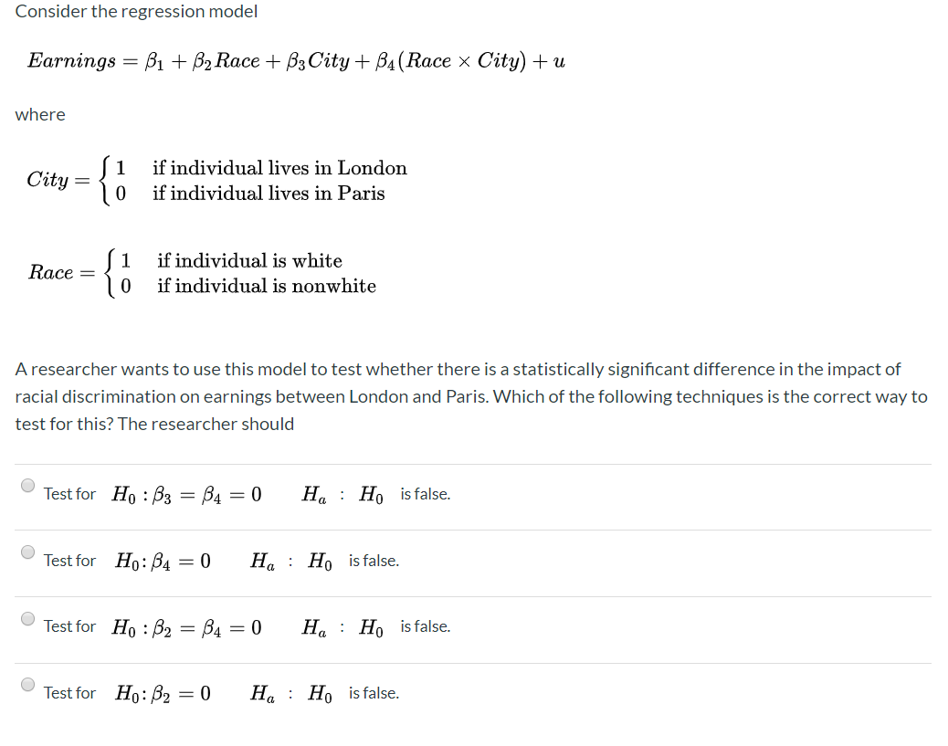 Solved Consider The Regression Model Earnings B1 B2 R Chegg Com