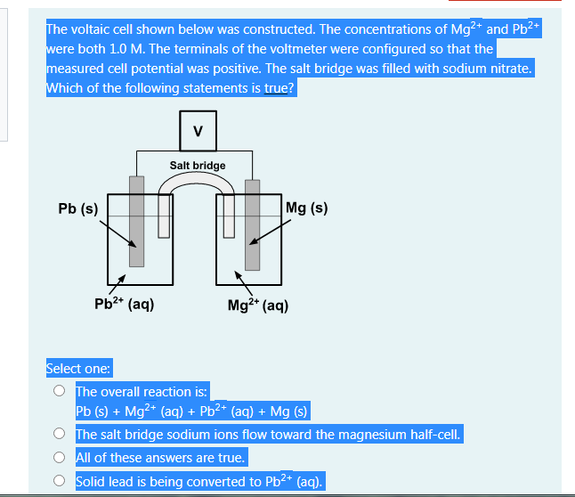 Solved The voltaic cell shown below was constructed. The | Chegg.com