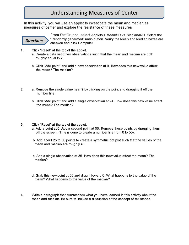 Understanding Measures of Center In this activity, | Chegg.com