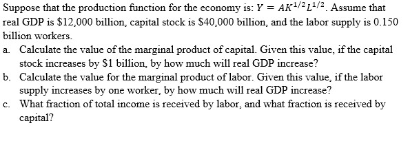 Solved Suppose that the production function for the economy | Chegg.com