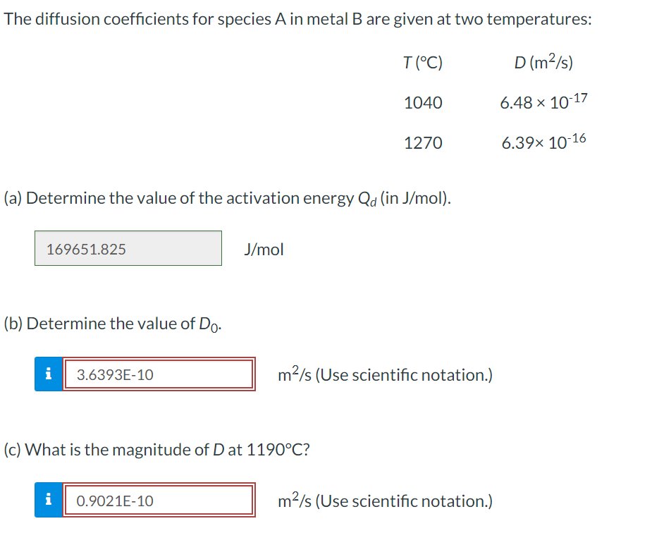 Solved The Diffusion Coefficients For Species A In Metal B | Chegg.com