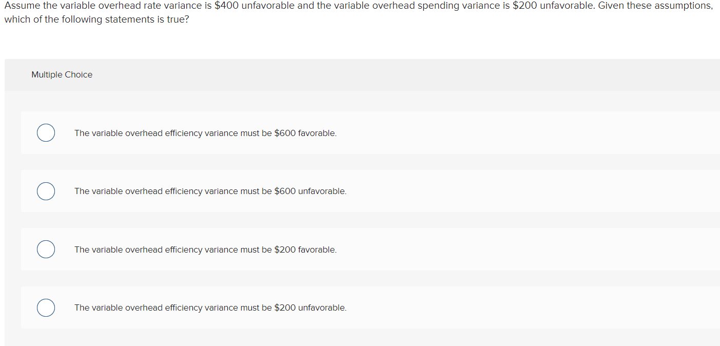 Solved assume the variable overhead rate variance is 400 chegg