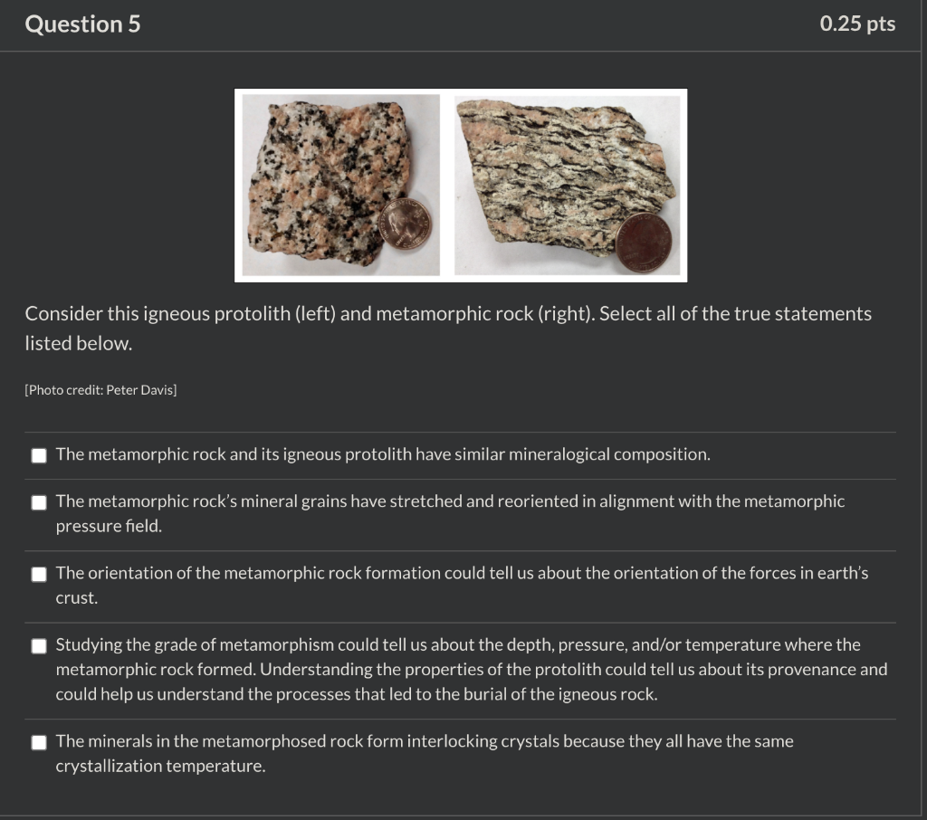 Solved Question 5 0.25 pts Consider this igneous protolith | Chegg.com