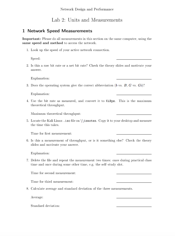 Network Design and Performance Lab 2: Units and | Chegg.com