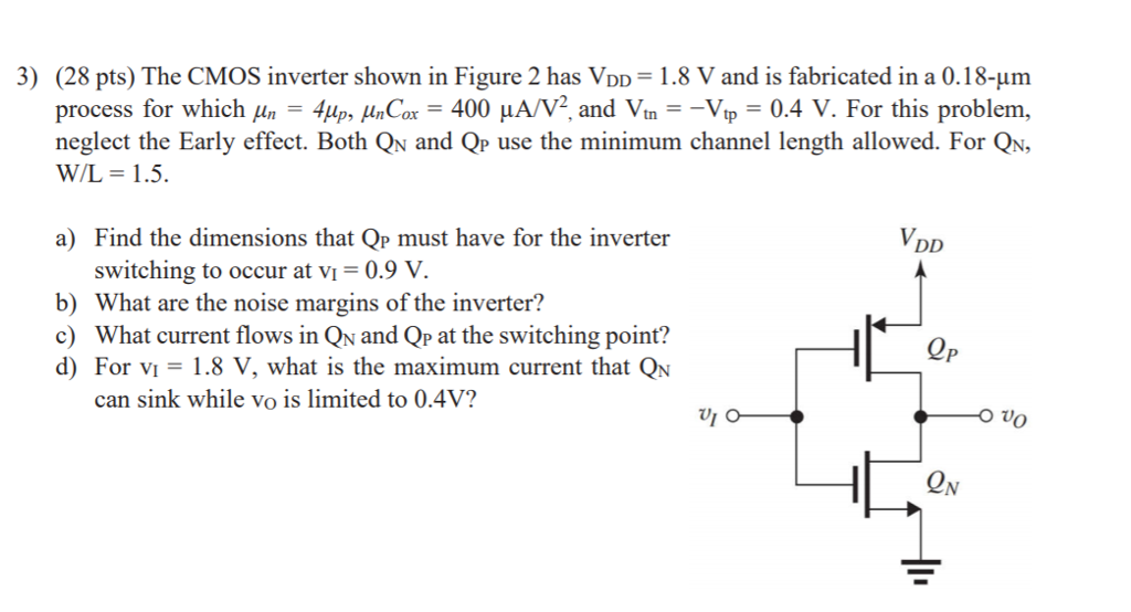 Solved 3) (28 pts) The CMOS inverter shown in Figure 2 has | Chegg.com