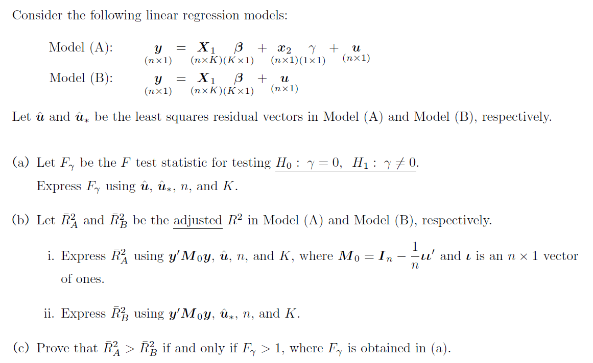 Solved Consider the following linear regression models:Model | Chegg.com