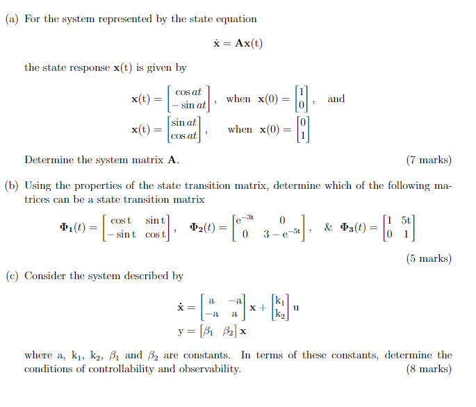 Solved (a) For the system represented by the state equation | Chegg.com
