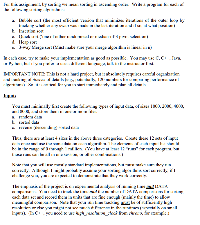 Solved For this assignment, by sorting we mean sorting in | Chegg.com