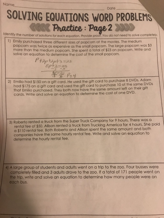 Solved Name Date SOLVING EQUATIONS WORD PROBLEMS Practice | Chegg.com