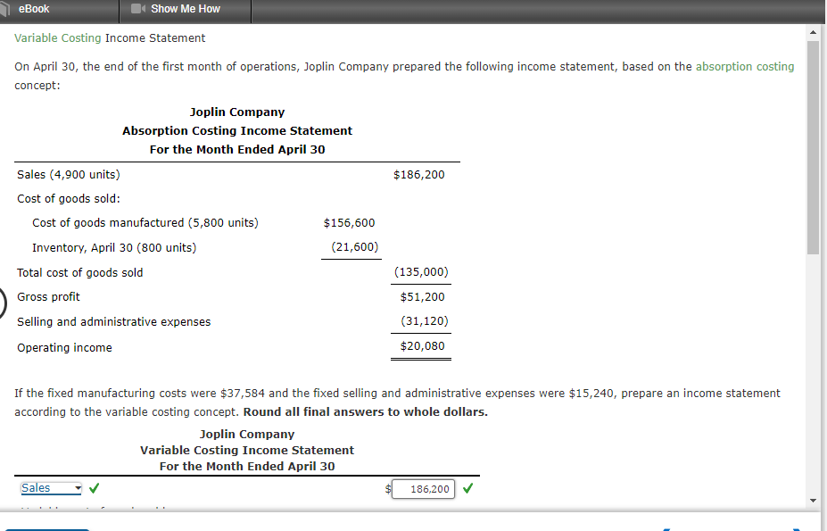 Solved Variable Costing Statement On April 30, the