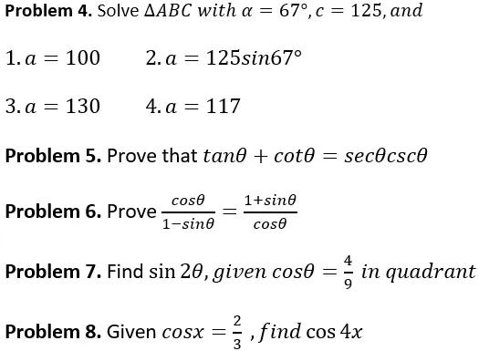 Solved Problem 4. Solve ABC with α=67∘,c=125, and 1. a=100 | Chegg.com