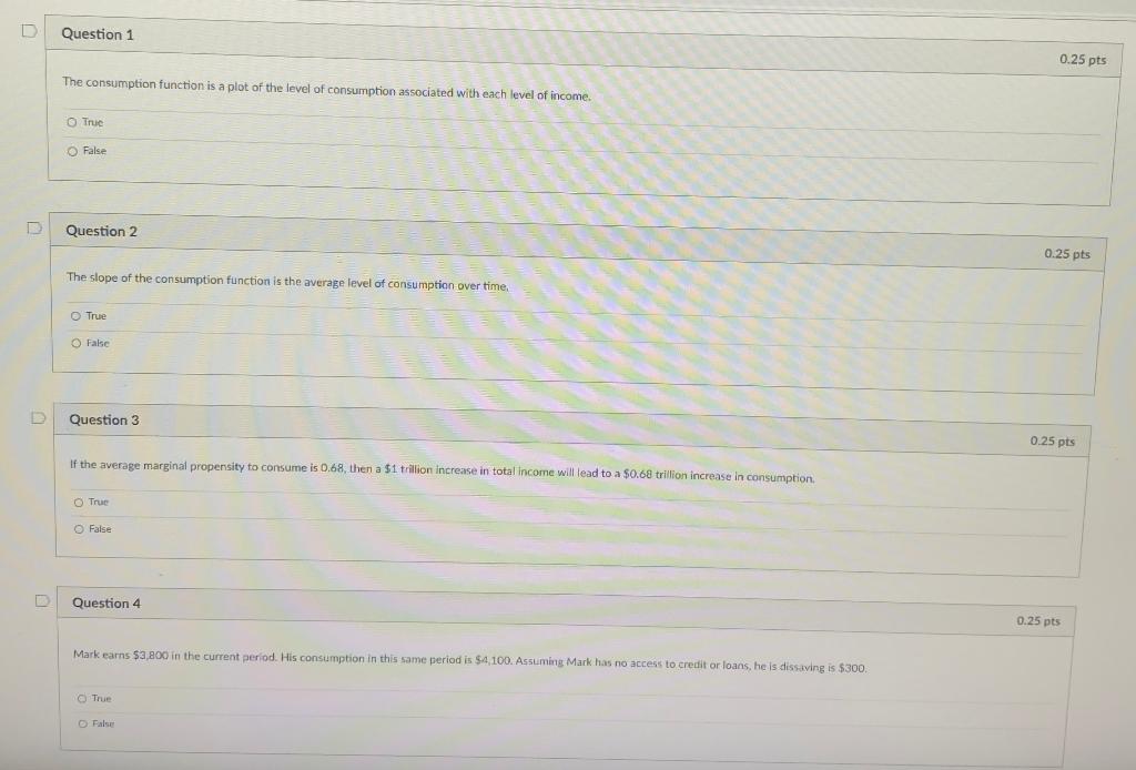 Solved D Question 1 0.25 pts The consumption function is a | Chegg.com