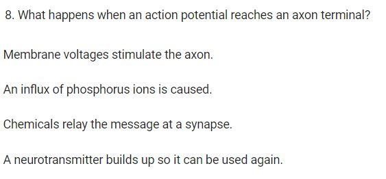 8. What happens when an action potential reaches an axon terminal?
Membrane voltages stimulate the axon.
An influx of phospho