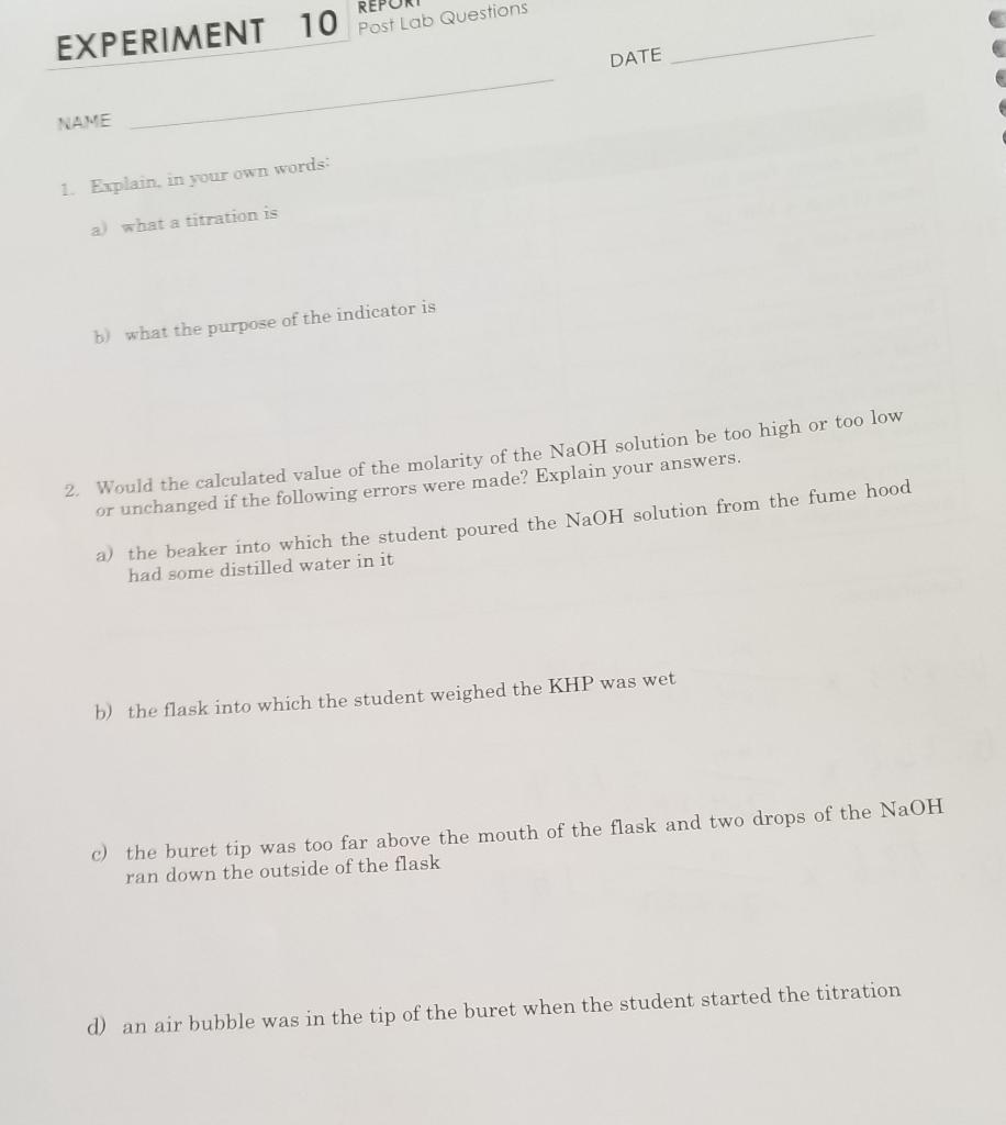 Solved REP EXPERIMENT 10 Post Lab Questions DATE NAME 1. | Chegg.com