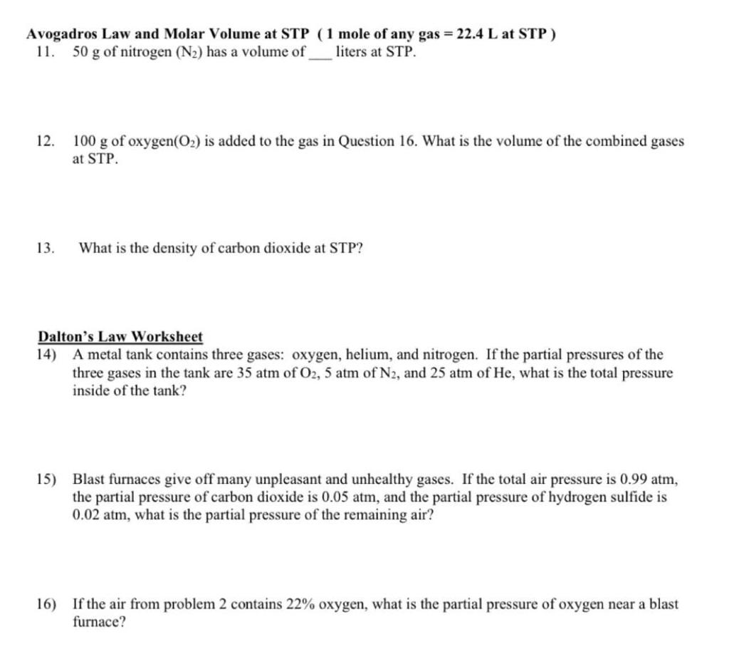 Solved Avogadros Law And Molar Volume At Stp 1 Mole Of A Chegg Com