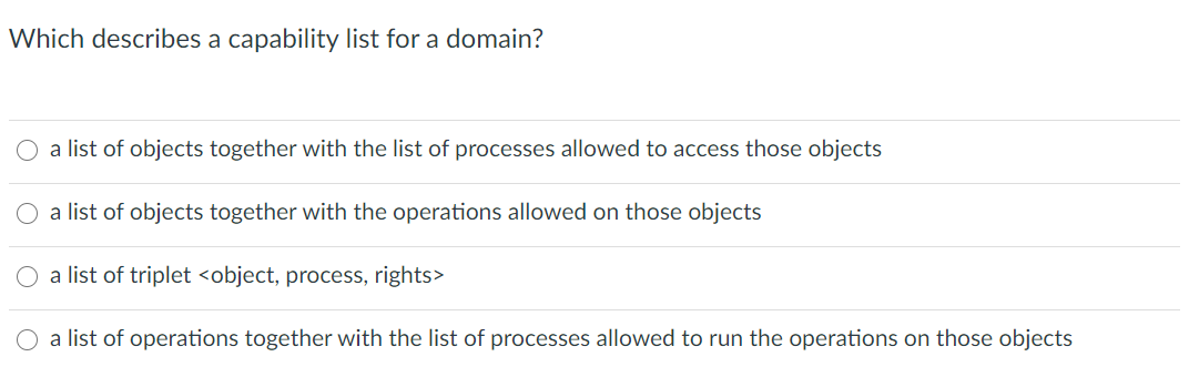Solved Which describes a capability list for a domain? a | Chegg.com