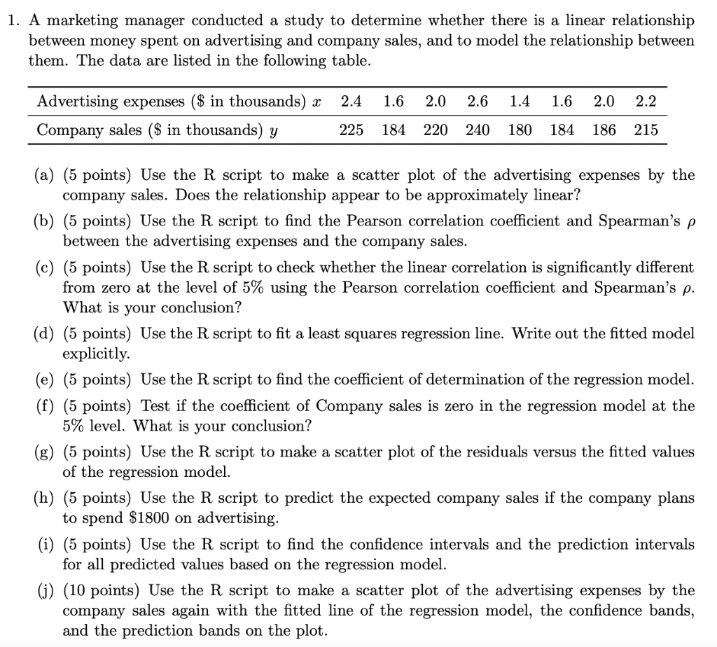 Solved 1. A marketing manager conducted a study to determine | Chegg.com