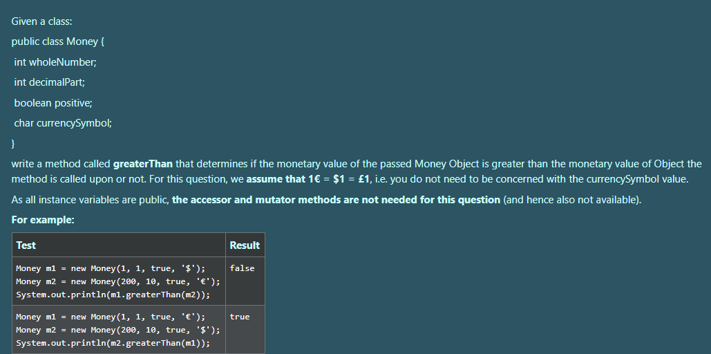 Solved Given a class: public class Money { int wholeNumber; | Chegg.com