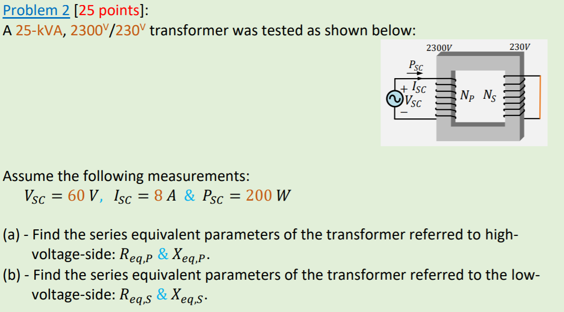 Solved Problem 2 [25 points]: A 25-KVA, 23004/230V | Chegg.com
