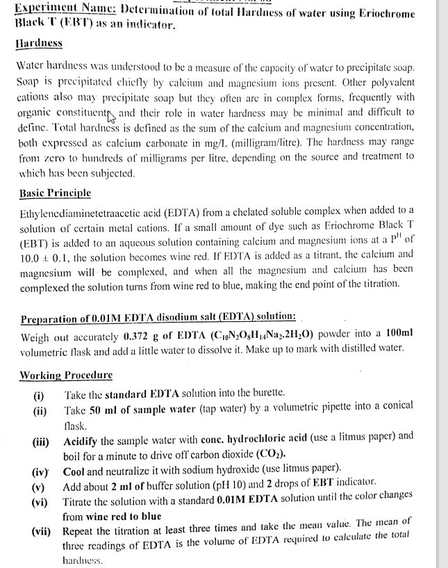 Solved Experiment Name Determination Of Total Hardness O Chegg Com