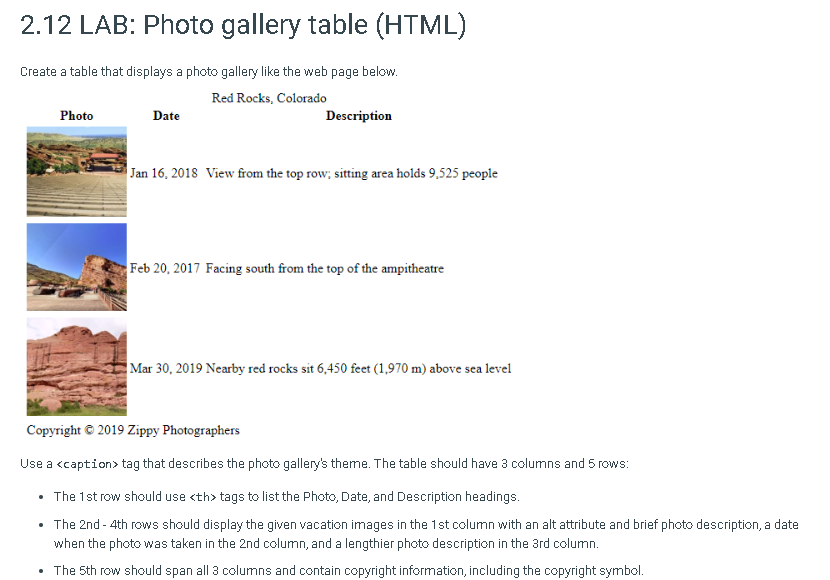 Solved 2 12 lab photo gallery table html create a table chegg