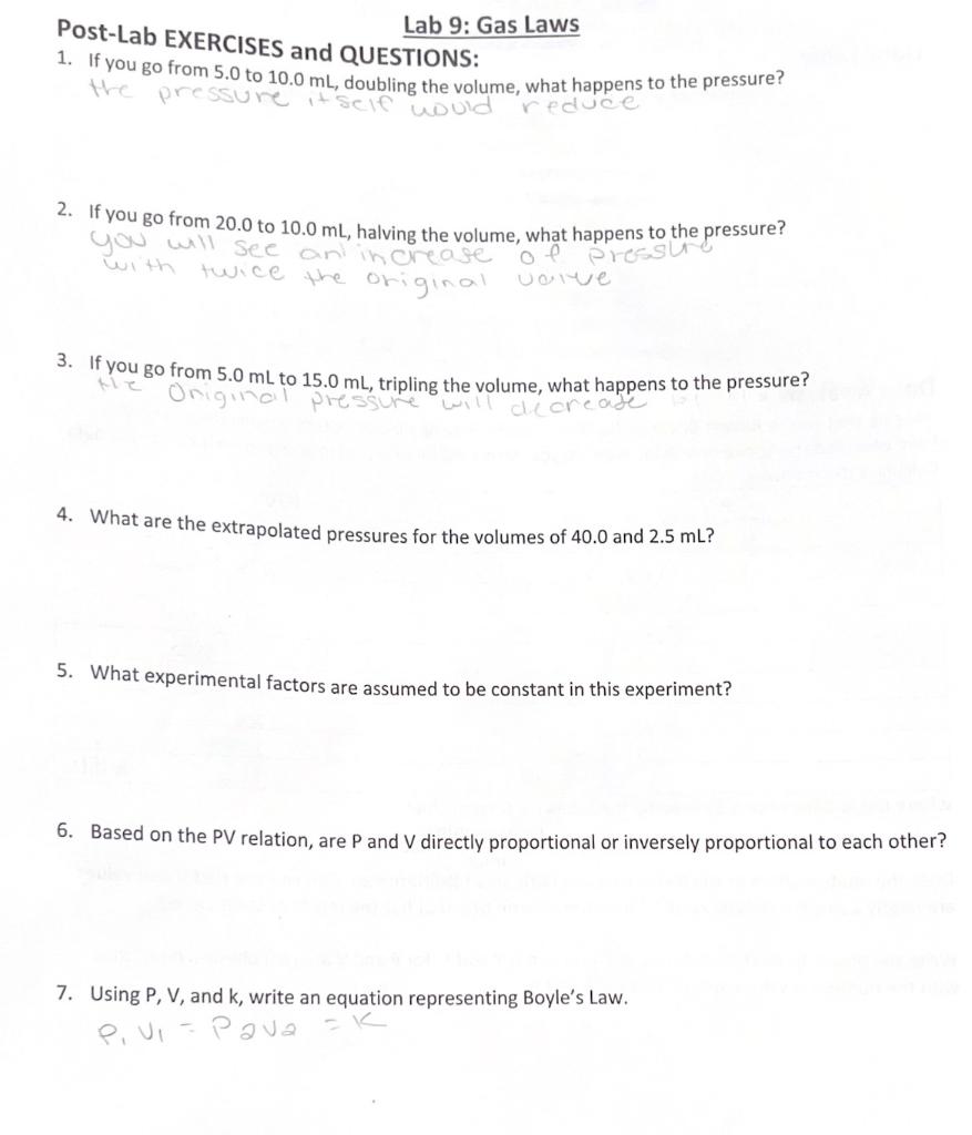 Solved Lab 9 Gas Laws Data Table Volume (mL) 5.0 7.0 9.0