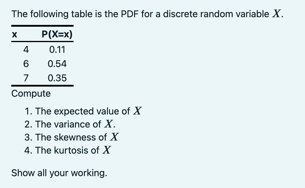 Solved The following table is the PDF for a discrete random | Chegg.com